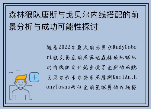 森林狼队唐斯与戈贝尔内线搭配的前景分析与成功可能性探讨