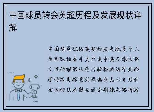 中国球员转会英超历程及发展现状详解